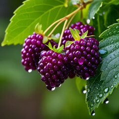 Ripe blackberries on a branch with water drops close-up