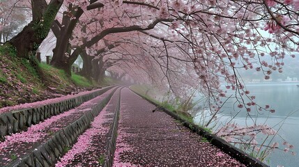 Beautiful circular path in the park, single pavement, panoramic cherry trees in the foreground - obrazy, fototapety, plakaty