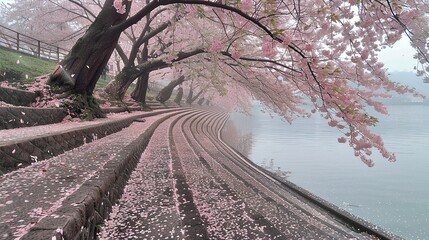 Beautiful circular path in the park, single pavement, panoramic cherry trees in the foreground - obrazy, fototapety, plakaty