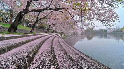 Beautiful circular path in the park, single pavement, panoramic cherry trees in the foreground - obrazy, fototapety, plakaty