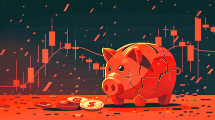A piggy bank is depicted as being cracked and broken against a backdrop of falling financial charts - obrazy, fototapety, plakaty