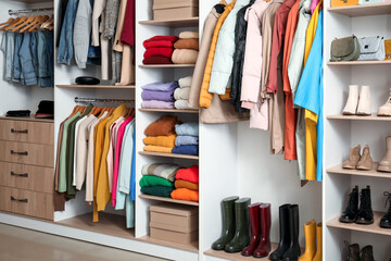 Rack with stylish female autumn clothes in modern wardrobe