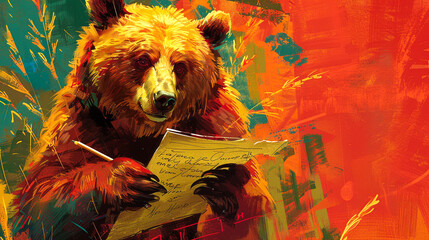 A bear holding a pencil and paper sits amidst vibrant brushstrokes and abstract shapes - obrazy, fototapety, plakaty