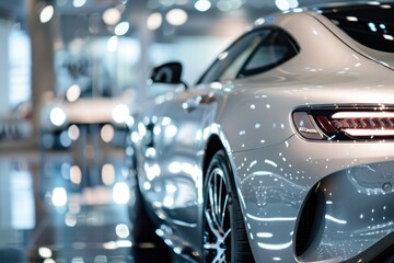 Luxury cars display in high-end showroom with light bokeh. Elegance and prestige.