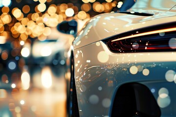 Luxury cars display in showroom with light bokeh at motor show event. Sleek vehicles gleaming under...