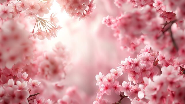 pink cherry blossoms with a bright sun shining through the branches. 