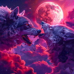 Wolves made of stars and nebulas howling at a moon, their celestial bodies rendered in stunning 3D detail against the backdrop of the infinite universe - obrazy, fototapety, plakaty