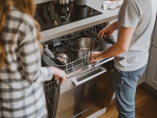 An over-the-shoulder view of a man and woman loading a dishwasher, capturing a moment of domestic life and teamwork.