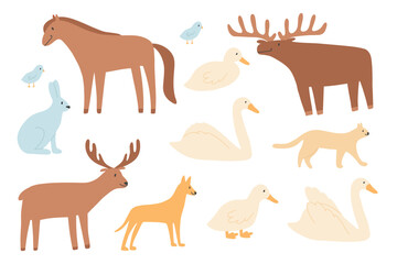 A set of animals that can be found on the street. Collection of deer, elk, hare, cat, dog, swan. Vector hand drawn illustration.