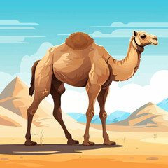 Illustration of a camel standing in a beautiful desert