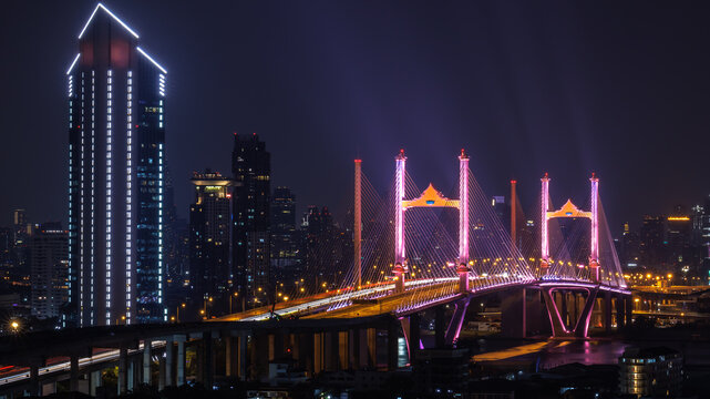 Rama IX or well know Rama 9 Bridge and new frontage bridge. Bhumibol Bridge, most important lanmark, Bangkok , Thailand.