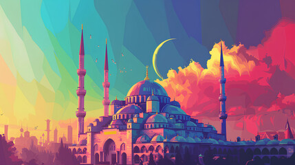 islamic ramadan background, eid al fitri, iftar, eid al adha, beautiful mosque and lantern background. camel in the middle of the desert with mosque	
 - obrazy, fototapety, plakaty