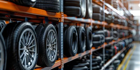 Fotobehang new car tires and wheels on shelf in warehouse, generative AI © VALUEINVESTOR