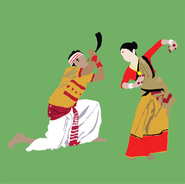 illustration of a assamese couplewearin bihu traditional dress .Illustration Of Traditional Background For Bihu Happy Bihu , Assamese New Year, Indian Traditional Festival, Harvest Festival Of Assam