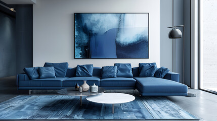 modern living room with blue sofa, generative ai
