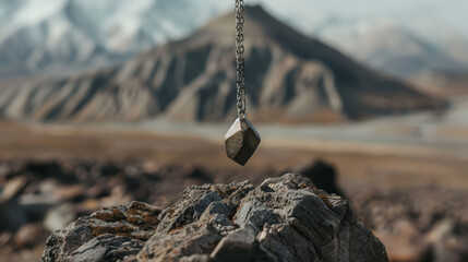 Close-up of a hexagonal crystal pendant perfectly poised on rough rock, with distant mountains adding to the composition's grandeur - obrazy, fototapety, plakaty