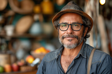 Portrait of a handsome middleaged man wearing a hat and glasses with a warm smile on his face - obrazy, fototapety, plakaty