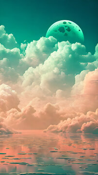 Green Color cloud sky landscape in digital art style with moon wallpaper