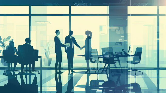 Illustration of Business Executives Handshaking in Office