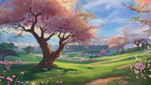 Fantasy spring nature landscape and pink cherry blossom animated background in Japan anime watercolor painting illustration style. Samless looping video animated 4K.