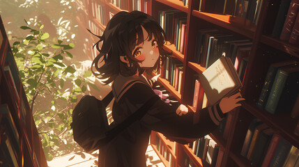 anime girl idol is reading a book in the library - obrazy, fototapety, plakaty