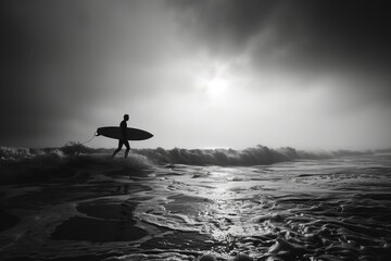 black and white photo of a surfer in the distance walking out to the sea - obrazy, fototapety, plakaty