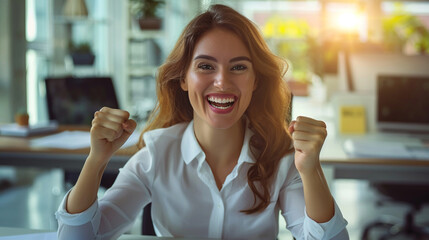 An elated businesswoman sitting at her desk, clenching her fists in a victory gesture, 