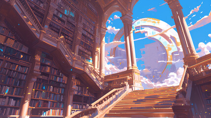 anime girl idol is picking up a book in the library