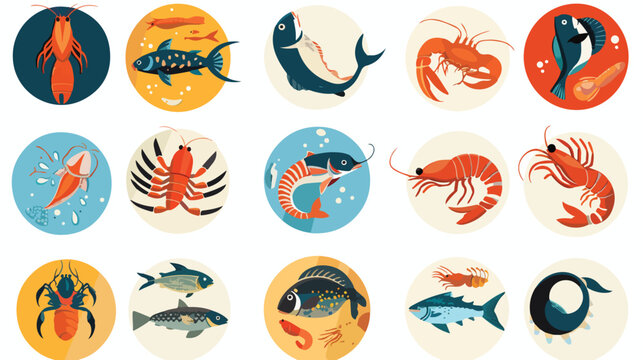 Seafood icons set in round circle flat style. Sea f