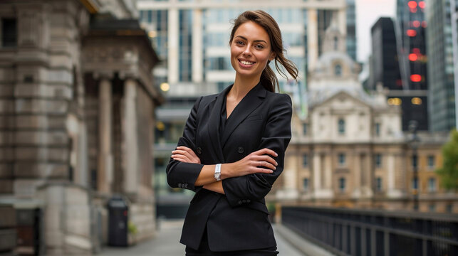 A charming businesswoman in a tailored black suit stands with her hands crossed in the heart of London's financial district, her smile conveying confidence and determination.