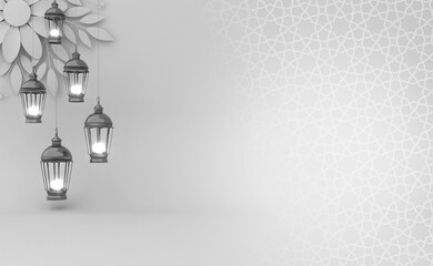 Islamic background for a Ramadan Kareem, Eid Mubarak, or Islamic concept. Traditional lantern are isolated on a Black and white surface.