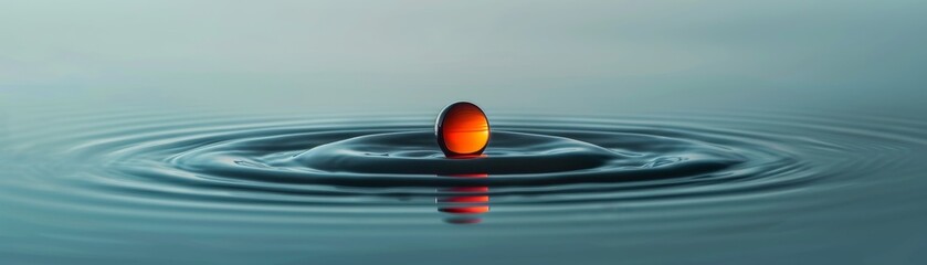 A minimalist depiction of a ripple effect in water, initiated by a colorful drop, against a serene, isolated background - obrazy, fototapety, plakaty
