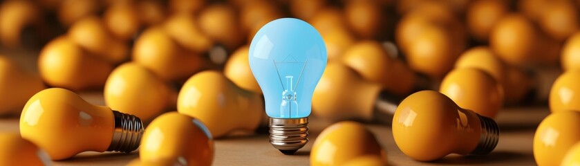 A single blue light bulb glowing among yellow ones, symbolizing unique leadership ideas, isolated