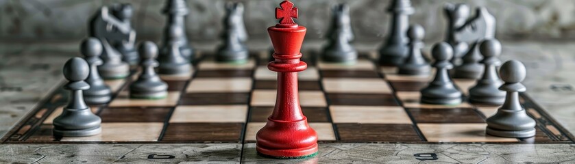 A single red chess piece surrounded by gray pieces on a minimalistic chessboard, emphasizing challenging the status quo - obrazy, fototapety, plakaty