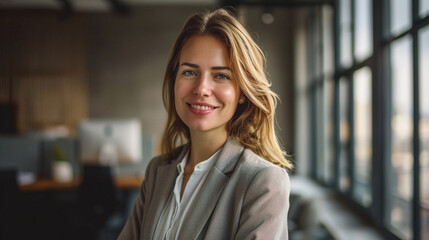 Fototapeta premium A portrait of a charming businesswoman standing confidently in her office, her engaging smile directed at the camera, with natural light from the window casting a soft glow on her face, 