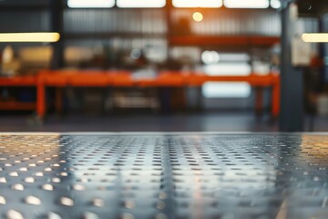 Closeup of metal table with blurred warehouse background, industrial concept