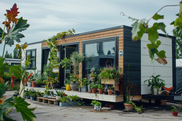 a beautiful modern mobile home with many plants