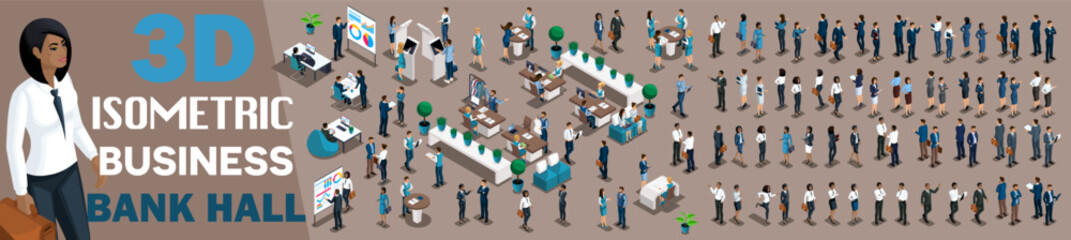 Large set of isometrics, 3D Businessmen and businesswomen Europeans and African Americans. Investors, bankers, employees, lawyers in bank