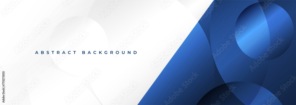Poster white and blue modern abstract wide banner with circles and geometric curve shapes. dark blue and wh