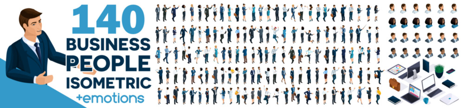 Large set of isometrics, 3D Businessmen and businesswomen Europeans and African Americans. And Set emotions. Front and rear view