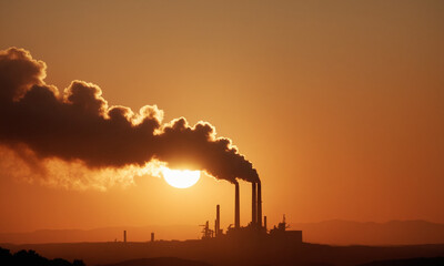 Environmental Pollution from industrial factory into the sky, global warming 