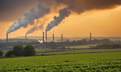 Environmental Pollution from industrial factory into the sky, global warming 