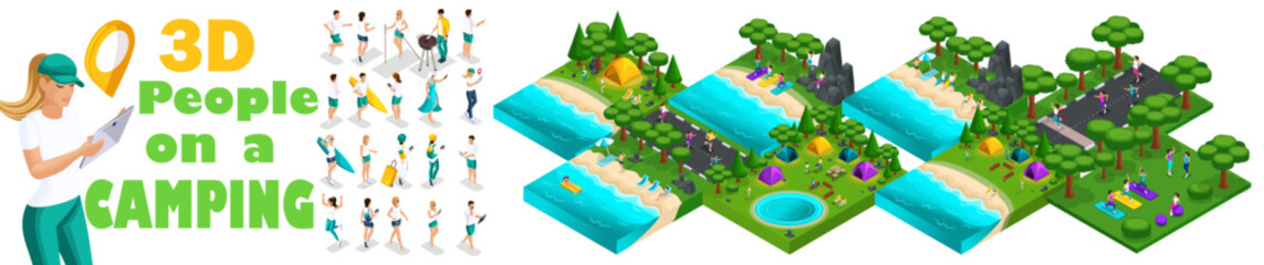 Naklejka premium Large set of isometric, 3D people in nature, outdoor recreation in the forest, camping. Kayaking, campfire, river, beach, lake