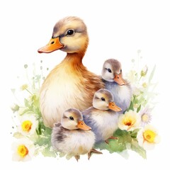 Mother- duck with  ducklings, surrounded by flowers. Romantic style watercolor clip art. Motherhood concept. Mother's Day design.