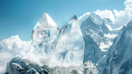 Two towering crystal formations resembling icy peaks rise sharply against a backdrop of snowy mountains