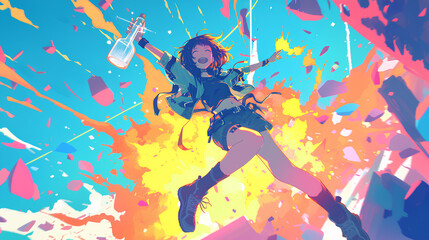 Obraz na płótnie Canvas Cheerful anime girl jumping and explosions behind