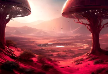 Foto op Canvas Futuristic civilized Mars Concept Art for Sustainable Habitat, red tone © marisamanee