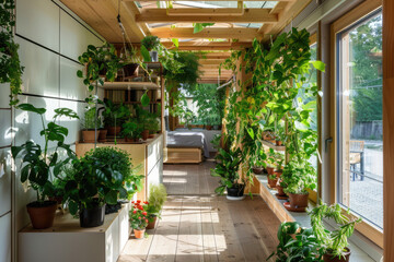 a beautiful modern mobile home with many plants