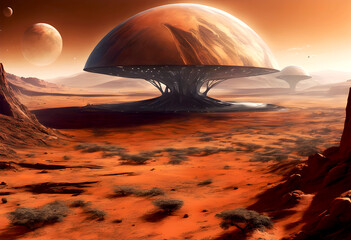 Fototapeta na wymiar Terraformed Mars Panorama view with Tree shaped Arcology, emphasizes Sustainable life on Extraterrestrial Planet 