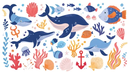 Crédence de cuisine en verre imprimé Vie marine Set of sea animals - seashells fish whale seahorset